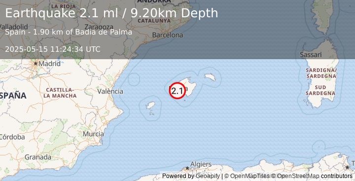 Earthquake BALEARIC ISLANDS, SPAIN (2.1 ml) (2025-05-15 11:24:34 UTC)