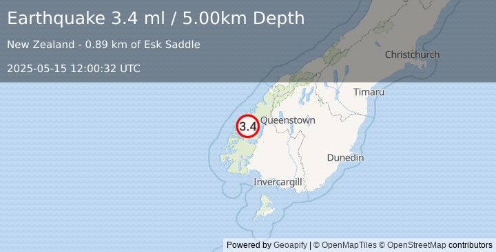 Earthquake SOUTH ISLAND OF NEW ZEALAND (3.4 ml) (2025-05-15 12:00:32 UTC)