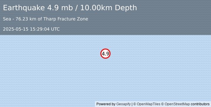 Earthquake PACIFIC-ANTARCTIC RIDGE (4.9 mb) (2025-05-15 15:29:04 UTC)