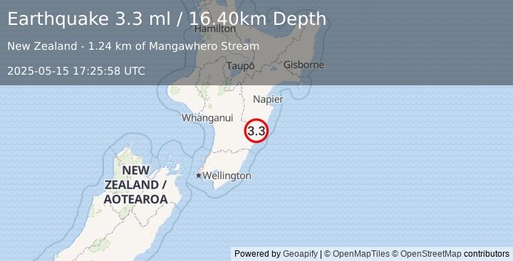 Earthquake NORTH ISLAND OF NEW ZEALAND (3.3 ml) (2025-05-15 17:25:58 UTC)