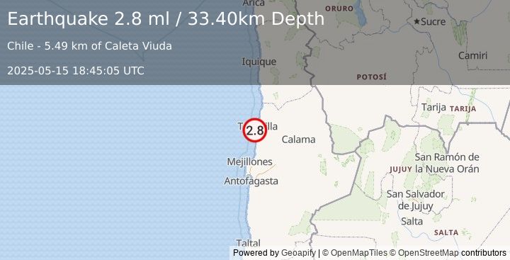 Earthquake OFFSHORE ANTOFAGASTA, CHILE (2.8 ml) (2025-05-15 18:45:05 UTC)