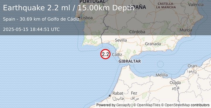 Earthquake STRAIT OF GIBRALTAR (2.2 ml) (2025-05-15 18:44:51 UTC)