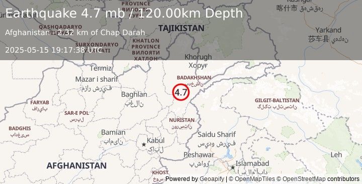 Earthquake HINDU KUSH REGION, AFGHANISTAN (4.7 mb) (2025-05-15 19:17:38 UTC)