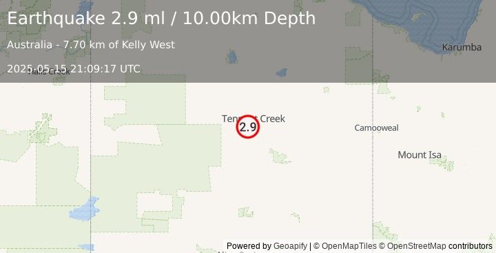 Earthquake NORTHERN TERRITORY, AUSTRALIA (2.9 ml) (2025-05-15 21:09:17 UTC)