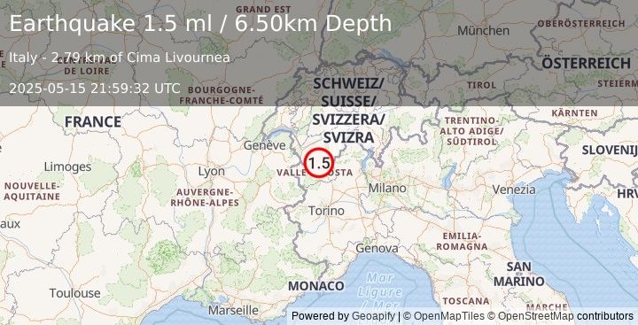 Earthquake NORTHERN ITALY (1.5 ml) (2025-05-15 21:59:32 UTC)