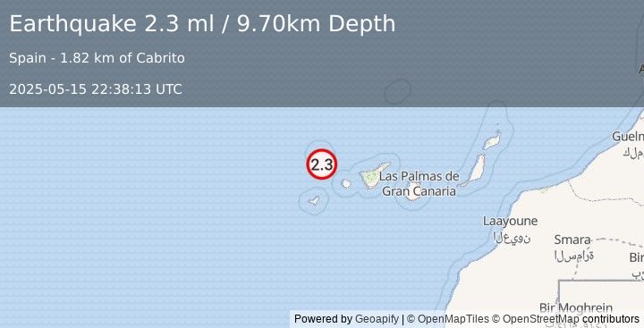 Earthquake CANARY ISLANDS, SPAIN REGION (2.3 ml) (2025-05-15 22:38:13 UTC)