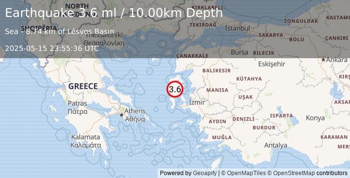 Earthquake NEAR THE COAST OF WESTERN TURKEY (3.6 ml) (2025-05-15 23:55:36 UTC)