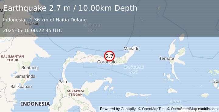 Earthquake MINAHASA, SULAWESI, INDONESIA (2.7 m) (2025-05-16 00:22:45 UTC)