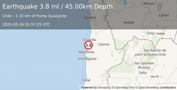 Earthquake ANTOFAGASTA, CHILE (3.4 ml) (2025-05-16 01:57:24 UTC)