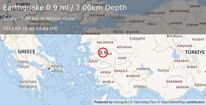 Earthquake WESTERN TURKEY (0.9 ml) (2025-05-16 01:52:21 UTC)