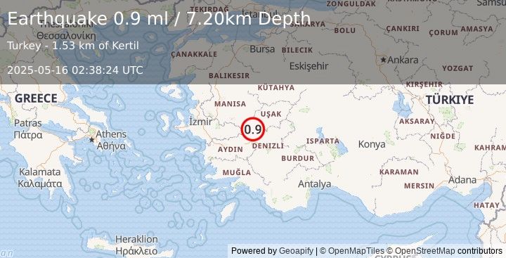 Earthquake WESTERN TURKEY (0.9 ml) (2025-05-16 02:38:24 UTC)