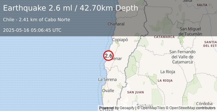 Earthquake ATACAMA, CHILE (2.6 ml) (2025-05-16 05:06:45 UTC)