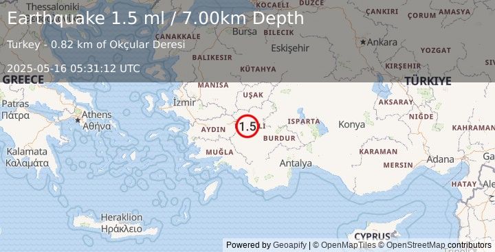 Earthquake WESTERN TURKEY (1.5 ml) (2025-05-16 05:31:12 UTC)