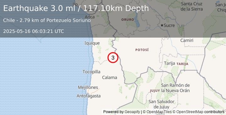 Earthquake ANTOFAGASTA, CHILE (3.0 ml) (2025-05-16 06:03:21 UTC)