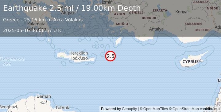 Earthquake DODECANESE ISLANDS, GREECE (2.5 ml) (2025-05-16 06:06:57 UTC)