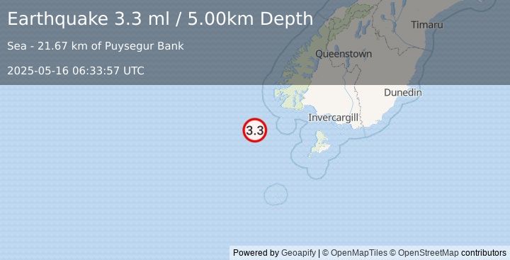 Earthquake OFF W. COAST OF S. ISLAND, N.Z. (3.3 ml) (2025-05-16 06:33:57 UTC)