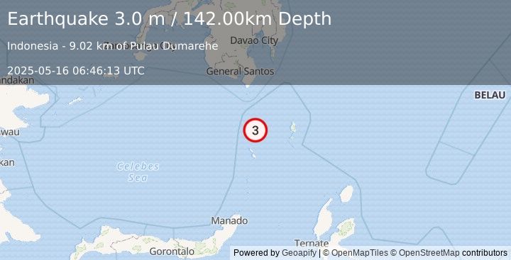 Earthquake KEPULAUAN SANGIHE, INDONESIA (3.0 m) (2025-05-16 06:46:13 UTC)