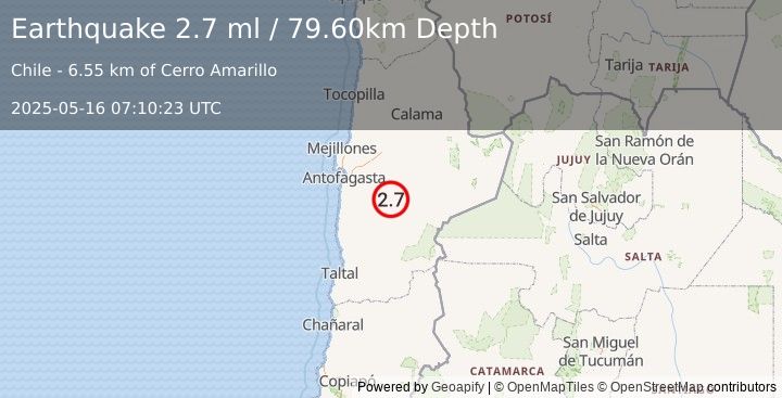 Earthquake ANTOFAGASTA, CHILE (2.7 ml) (2025-05-16 07:10:23 UTC)