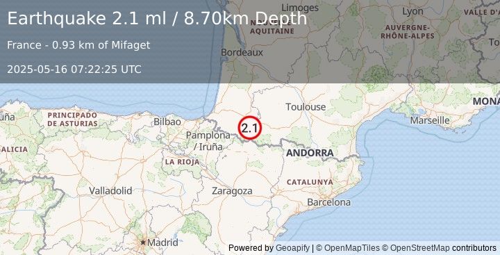 Earthquake PYRENEES (2.1 ml) (2025-05-16 07:22:25 UTC)