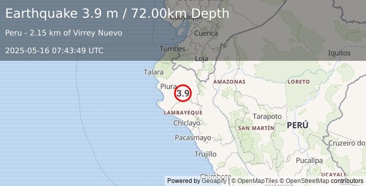 Earthquake NEAR COAST OF NORTHERN PERU (3.9 m) (2025-05-16 07:43:49 UTC)