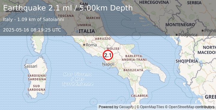 Earthquake SOUTHERN ITALY (2.1 ml) (2025-05-16 08:19:25 UTC)