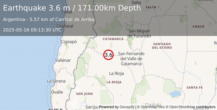 Earthquake CATAMARCA, ARGENTINA (3.6 m) (2025-05-16 09:13:30 UTC)