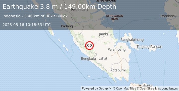 Earthquake SOUTHERN SUMATRA, INDONESIA (3.8 m) (2025-05-16 10:18:53 UTC)