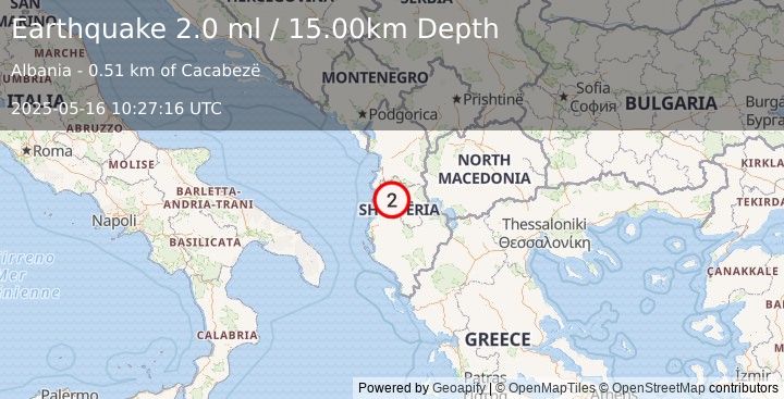 Earthquake ALBANIA (2.0 ml) (2025-05-16 10:27:16 UTC)