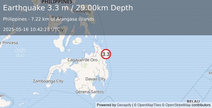 Earthquake MINDANAO, PHILIPPINES (3.3 m) (2025-05-16 10:42:28 UTC)