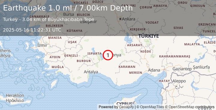 Earthquake WESTERN TURKEY (1.0 ml) (2025-05-16 11:22:31 UTC)