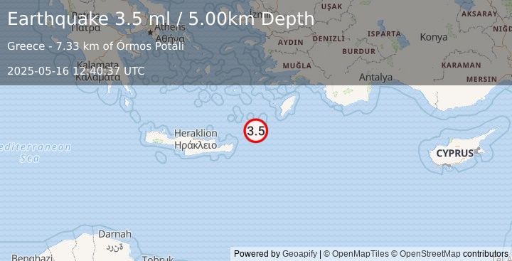 Earthquake DODECANESE ISLANDS, GREECE (3.4 ml) (2025-05-16 12:40:36 UTC)