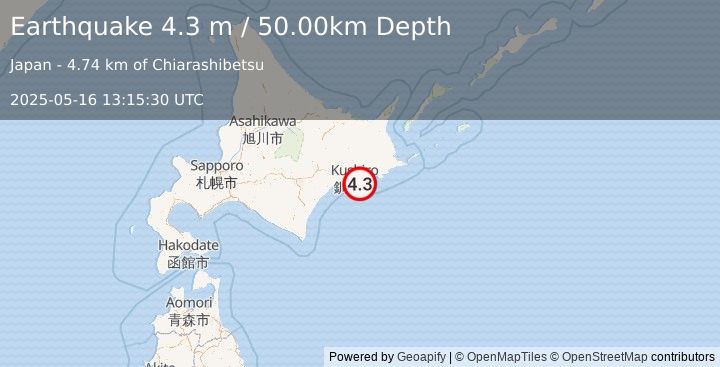 Earthquake HOKKAIDO, JAPAN REGION (4.3 m) (2025-05-16 13:15:29 UTC)