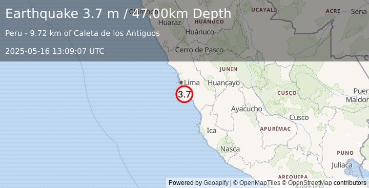Earthquake NEAR COAST OF CENTRAL PERU (3.7 m) (2025-05-16 13:09:07 UTC)