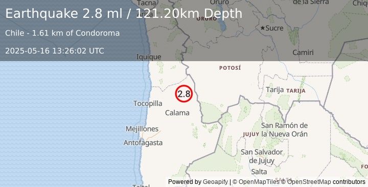 Earthquake ANTOFAGASTA, CHILE (2.8 ml) (2025-05-16 13:26:02 UTC)