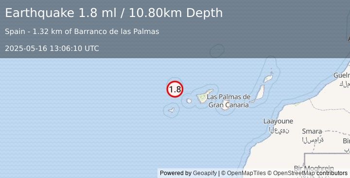Earthquake CANARY ISLANDS, SPAIN REGION (1.8 ml) (2025-05-16 13:06:10 UTC)
