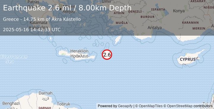 Earthquake DODECANESE ISLANDS, GREECE (2.6 ml) (2025-05-16 14:42:33 UTC)