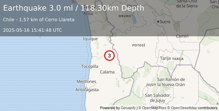Earthquake ANTOFAGASTA, CHILE (3.0 ml) (2025-05-16 15:41:48 UTC)