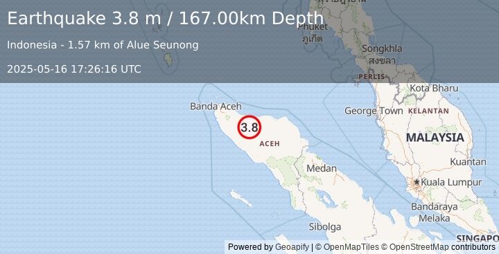 Earthquake NORTHERN SUMATRA, INDONESIA (3.8 m) (2025-05-16 17:26:16 UTC)
