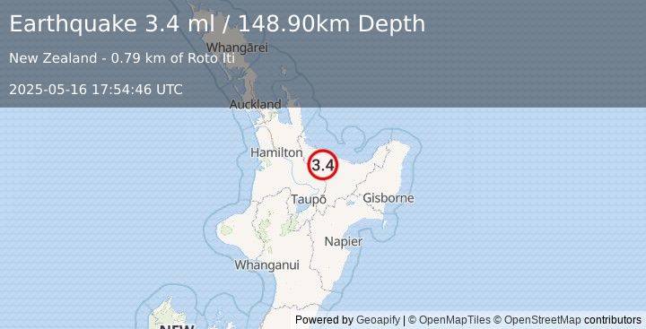Earthquake NORTH ISLAND OF NEW ZEALAND (3.4 ml) (2025-05-16 17:54:46 UTC)