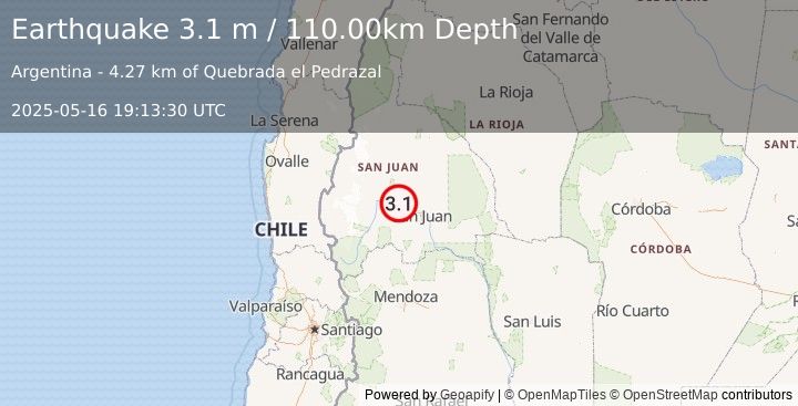 Earthquake SAN JUAN, ARGENTINA (3.1 m) (2025-05-16 19:13:30 UTC)