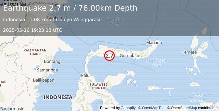 Earthquake MINAHASA, SULAWESI, INDONESIA (2.7 m) (2025-05-16 19:23:13 UTC)