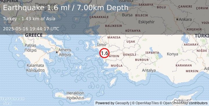 Earthquake WESTERN TURKEY (1.6 ml) (2025-05-16 19:44:17 UTC)