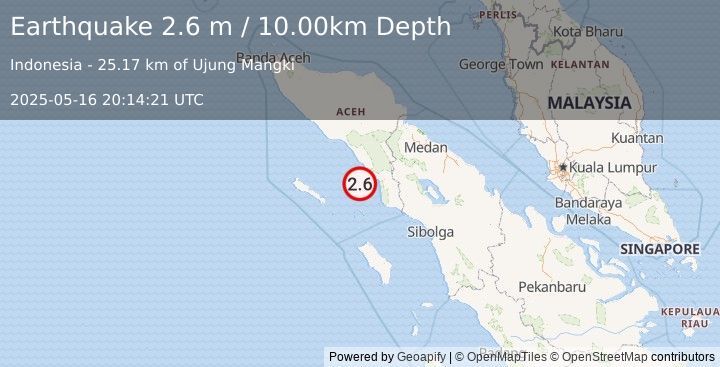 Earthquake NORTHERN SUMATRA, INDONESIA (2.6 m) (2025-05-16 20:14:21 UTC)