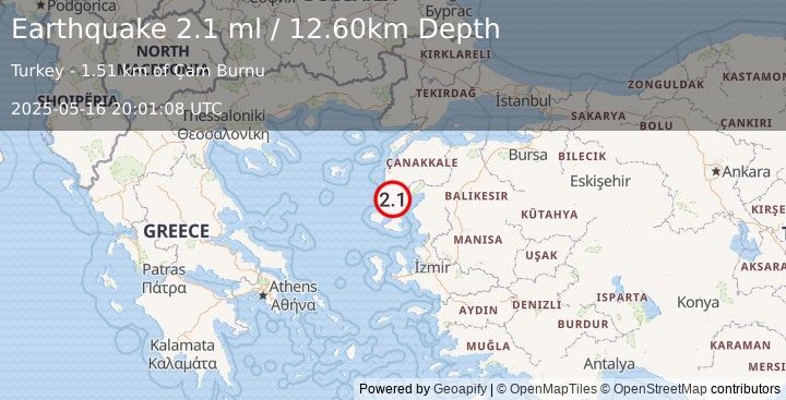 Earthquake NEAR THE COAST OF WESTERN TURKEY (2.1 ml) (2025-05-16 20:01:08 UTC)