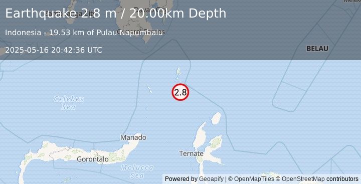 Earthquake KEPULAUAN TALAUD, INDONESIA (2.8 m) (2025-05-16 20:42:36 UTC)
