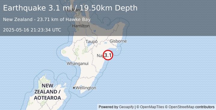 Earthquake OFF E. COAST OF N. ISLAND, N.Z. (3.1 ml) (2025-05-16 21:23:34 UTC)