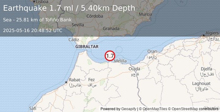 Earthquake STRAIT OF GIBRALTAR (1.7 ml) (2025-05-16 20:48:52 UTC)