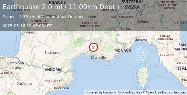 Earthquake NEAR SOUTH COAST OF FRANCE (2.0 ml) (2025-05-16 22:06:08 UTC)