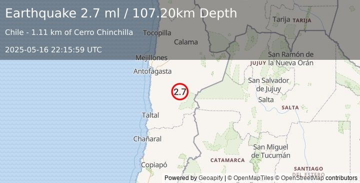 Earthquake ANTOFAGASTA, CHILE (2.7 ml) (2025-05-16 22:15:59 UTC)