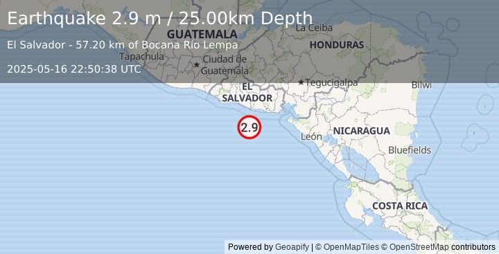 Earthquake OFFSHORE EL SALVADOR (2.9 m) (2025-05-16 22:50:38 UTC)